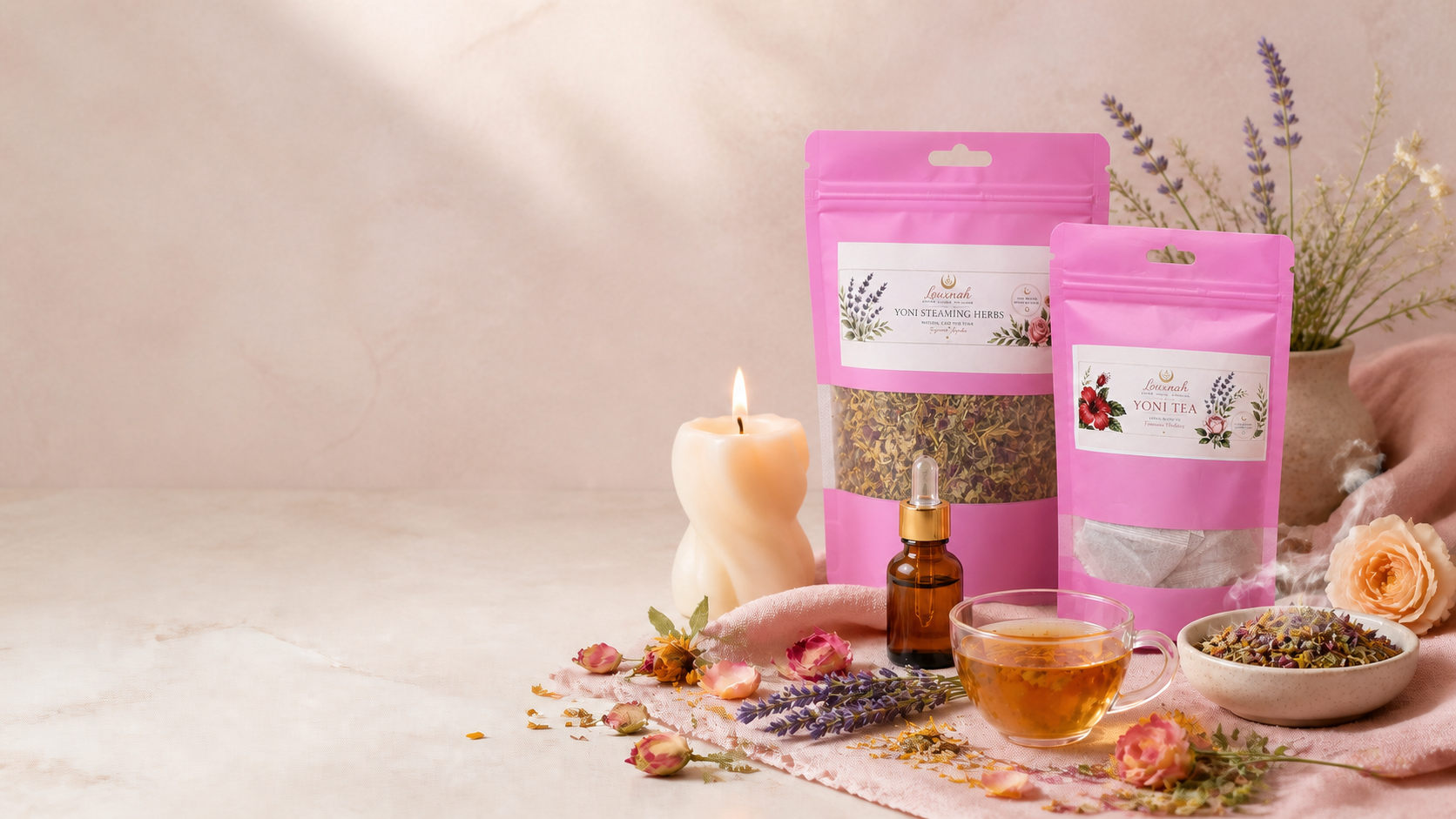 LOUXNAH Herbal Duo in an elegant botanical ritual setting