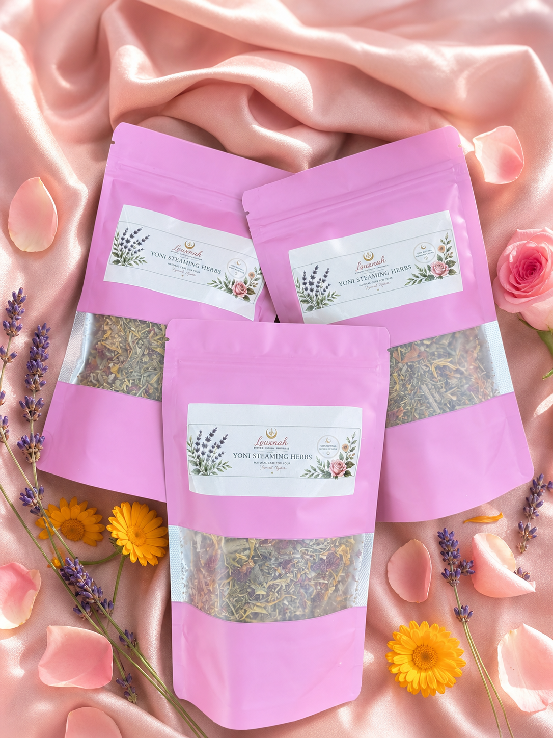 LOUXNAH Yoni Steaming Herbs in pink pouches with botanicals